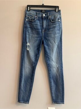 7 For All Mankind High Waist Ankle Skinny Jeans Size 26 Distressed Blue